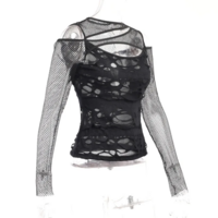 Hollow Out T-Shirt Grunge Punk Fishnet Patchwork Top - Thumbnail 7