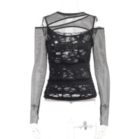 Hollow Out T-Shirt Grunge Punk Fishnet Patchwork Top - Thumbnail 8