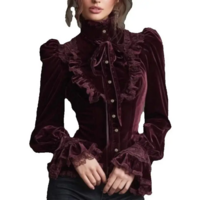 Vintage Velvet Lace Patchwork High Neck Elegant Slim Fit Women’s Top - Thumbnail 3