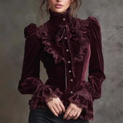 Vintage Velvet Lace Patchwork High Neck Elegant Slim Fit Women’s Top