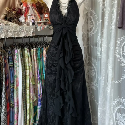 Vintage halter sleeveless black mother of bridal dress/groom dress lace evening dress 