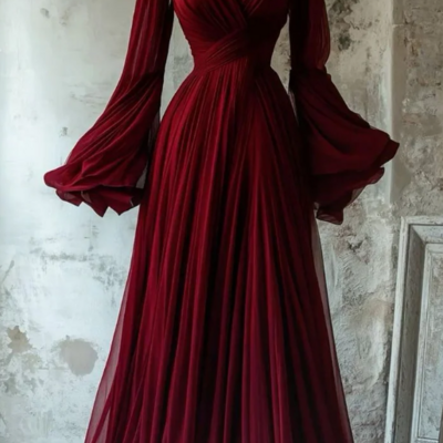 Modest a-line v neck burgundy chiffon prom dress long evening party dresses - Thumbnail 1