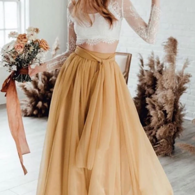 Two piece champagne tulle lace prom dress