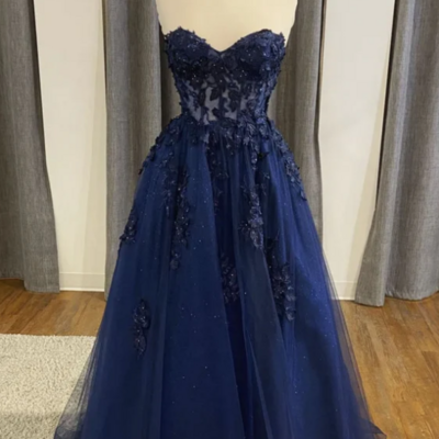 A line open back navy blue lace beaded long prom dresses,graduation dress