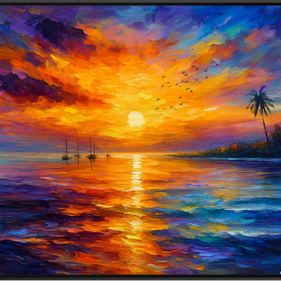Tropical sunset serenity - sailboats, palms, and ocean glow
