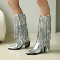 Silver metallic fringe cowboy boots - Thumbnail 1