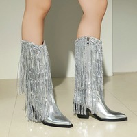 Silver metallic fringe cowboy boots - Thumbnail 2
