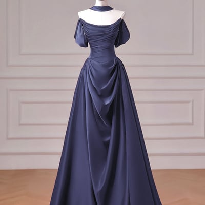 Navy satin long a-line prom party gown