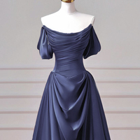 Navy Satin Long A-line Prom Party Gown - Thumbnail 2