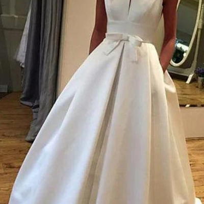 Elegant bateau neckline satin wedding dress with bowknot - Thumbnail 1