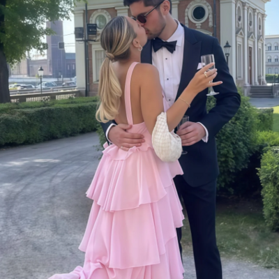 Halter backless pink chiffon ruffle prom dress, party dress - Thumbnail 1