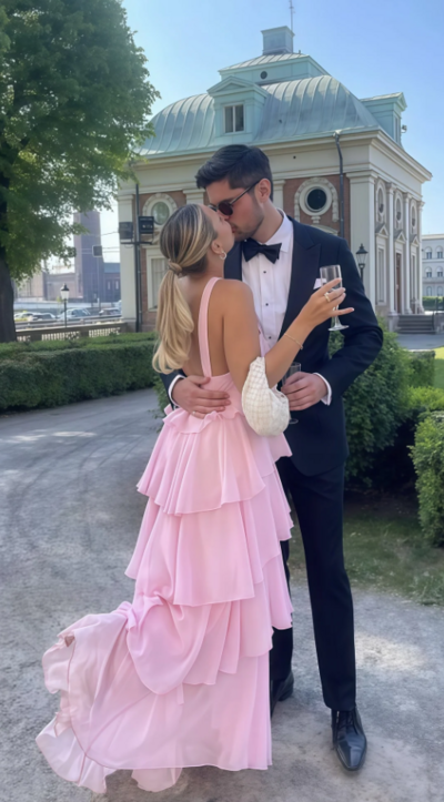 Halter Backless Pink Chiffon Ruffle Prom Dress, Party Dress