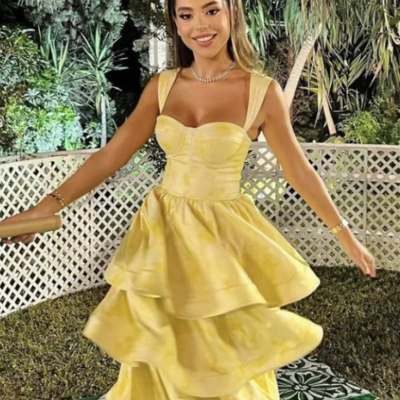 Fashion a line yellow satin layered long prom dress - Thumbnail 1