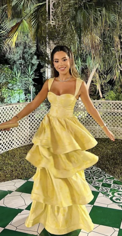 Fashion A Line Yellow Satin Layered Long Prom Dress