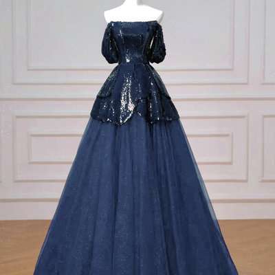 Navy tulle sequins long a-line prom party dress