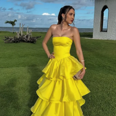 Strapless ball gown basque waist corset ruffle yellow satin prom dress