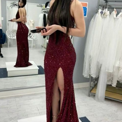 Mermaid wine red sequined evening gown lace-up back prom dress - Thumbnail 1
