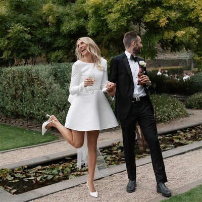 Elegant bow a-line wedding dress women o-neck long sleeve open back above-knee pleat bridal gown
