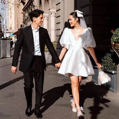 Elegant short wedding dress 2025 v-neck half puff sleeve open back satin a-line pleat bridal gown