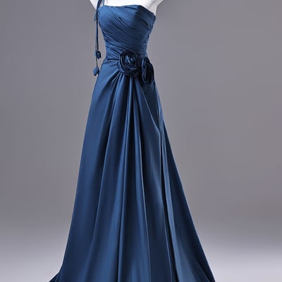 Navy blue satin a-lone floor length prom evening gown 