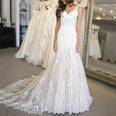Trumpet/mermaid tulle applique v-neck sleeveless sweep/brush train wedding dresses，1996