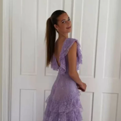 Floor length lilac layed lace evening dress - Thumbnail 1