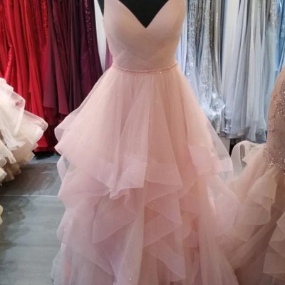 Romantic spaghetti straps light pink a-line ruffles prom dresses