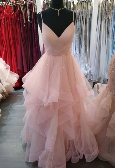 Romantic Spaghetti Straps Light Pink A-line Ruffles Prom Dresses