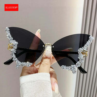 Klassnum women rhinestone butterfly sunglasses uv400 protection sun glasses vintage large rimless trendy party glasses