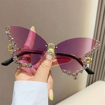 Luxury diamond butterfly sunglasses for women vintage rimless sun glasses oversized rhinestone bling shades ladiesy2k eyewear