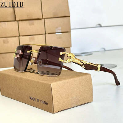 Wood grain sunglasses women trendy rimless sunglasses men vintage designer fashion glasses lentes de sol mujer zonnebril