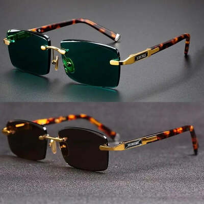 Frameless men's sunglasses green crystal stone leopard print cycling goggles black shades uv protective outdoor sunglasses retro