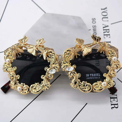 Luxury round baroque sunglasses metal flower vintage eyewear brand design outdoors casual fashion accessories women's sunglasses