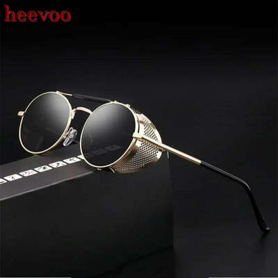 Retro steampunk sunglasses personality windshield frame round color film reflective cool lens knight's glasses uv400 protection