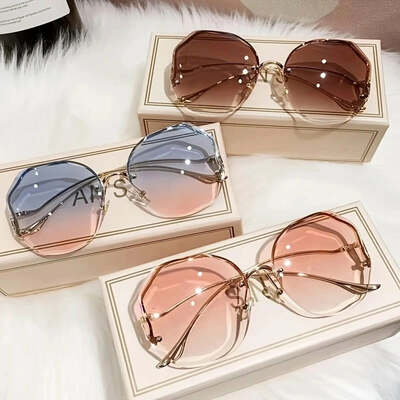 Rimless sunglasses polygon fashion popular women men shades big frame round sun glasses for female oculos gradient sunglasses