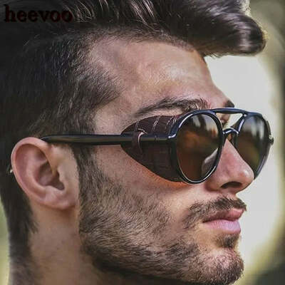 Round steampunk sunglasses men classic brand designer vintage punk rivet wrap glasses retro leather sunglasses for male oculos