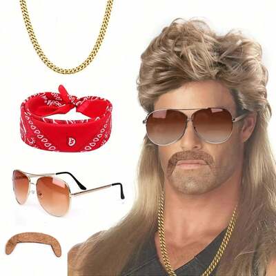Mullet wig 80s 90s outfit accessories men,blond men's heat resistant synthetic hair wigs wig sunglasses necklace headscarf