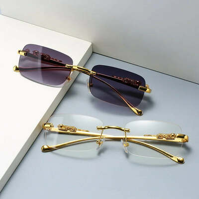 New rimless rectangle vintage metal leopard head sunglasses fashion frameless tinted glasses shades for women men