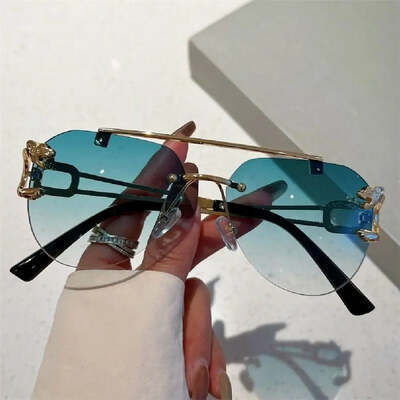 Rimless cheetah decor sunglasses fashion uv400 gradient double bridge sun glasses shades for women & men