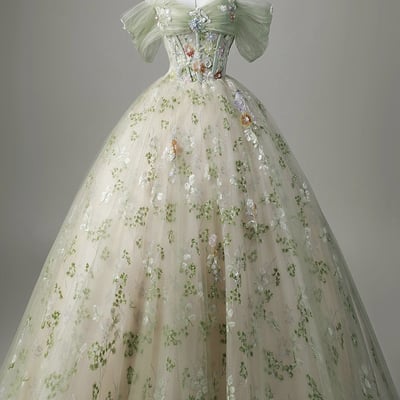 Green tulle floral sequins long prom party dress