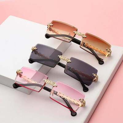 Fashion rimless diamond sunglasses women men rectangle metal sun glasses uv400 shades frameless eyewear