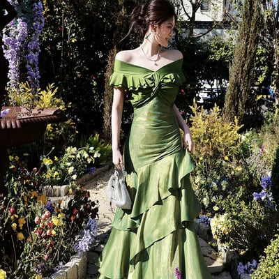 Mermaid green off the shoulder evening party dress