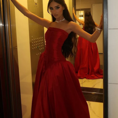 Princess strapless a line red long party dress with ruffles  - Thumbnail 1