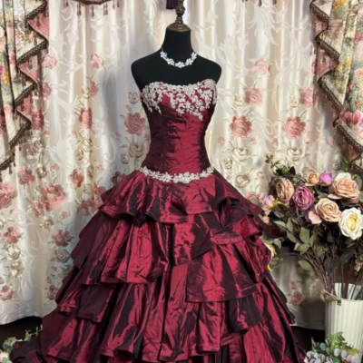 Strapless wine red burgundy taffeta long prom dresses 80s 70s evening gowns - Thumbnail 1