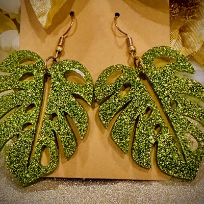 Glitter monstera leaf earrings