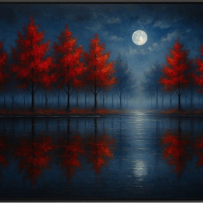 Moonlit red forest reflections – mystical night landscape wall art print