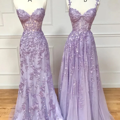 Unique a line long purple lace prom dresses,formal evening dress - Thumbnail 1