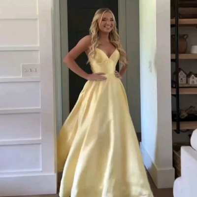 A line spaghetti straps yellow satin prom dresses formal evening dress - Thumbnail 2