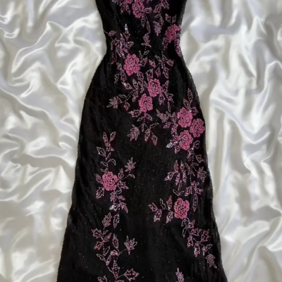 Spaghetti straps black prom dress formal dress with beads - Thumbnail 1