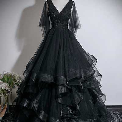 Black v-neck tulle long a-line prom party dress